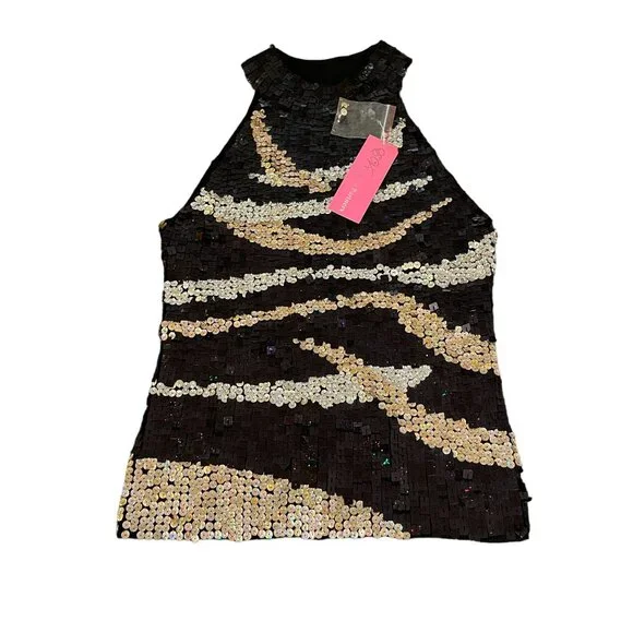 Forever Partners Women's Black/Gold Sequin Halter Top, Size S - Picture 1 of 6